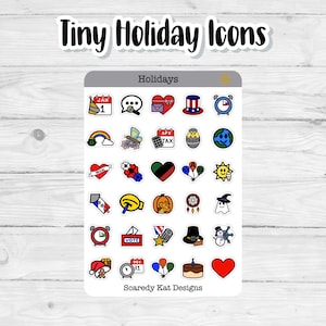 May include: A sheet of 36 colorful holiday themed stickers. The stickers feature various holiday icons such as a calendar, a gift box, a turkey, a pumpkin, a snowman, a ghost, a heart, a star, a rainbow, a butterfly, a globe, a hat, a bell, a wreath, a present, a cake, and a balloon. The stickers are perfect for adding a festive touch to planners, journals, laptops, and other surfaces.