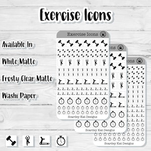 May include: Sticker sheets with exercise icons, including dumbbells, yoga poses, treadmills, and stopwatches. The text "Exercise Icons" is at the top. Available in white matte, frosty clear matte, and washi paper.