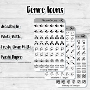 May include: Three sticker sheets with black and white genre icons, including hearts, swords, ghosts, knives, light bulbs, plants, running figures, and maps. The text "Genre Icons" is at the top. Available in white matte, frosty clear matte, and washi paper.