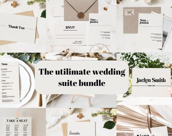 May include: A wedding suite bundle with various cards and signage. The cards are white with black text and include the names "Nate and Jessica" and the text "RSVP", "Thank You", "Menu", "Take a Seat", "Details", and "Jaclyn Smith, Table One".