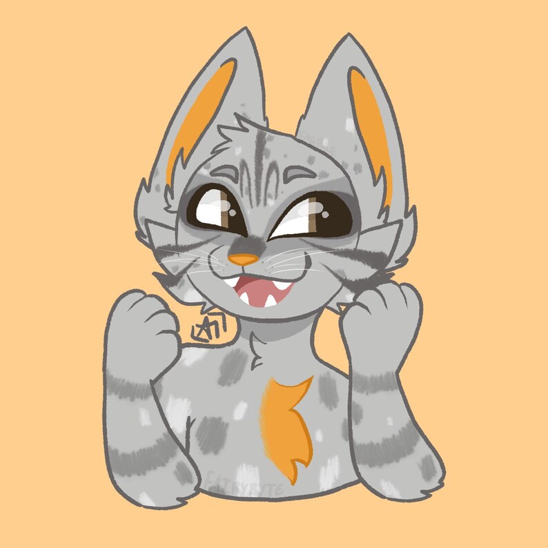 May include: A digital illustration of a cartoon cat with gray fur, orange accents, and a happy expression. The cat has large brown eyes, a pink tongue, and is making a fist with each paw. The background is a solid light orange color.
