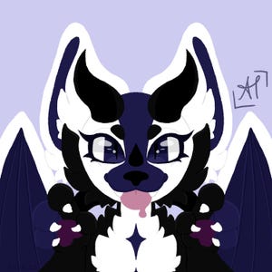 May include: A digital illustration of a cartoon creature with a white and dark blue color scheme. The creature has large eyes, bat-like wings, and a pink tongue sticking out. The background is a light purple.