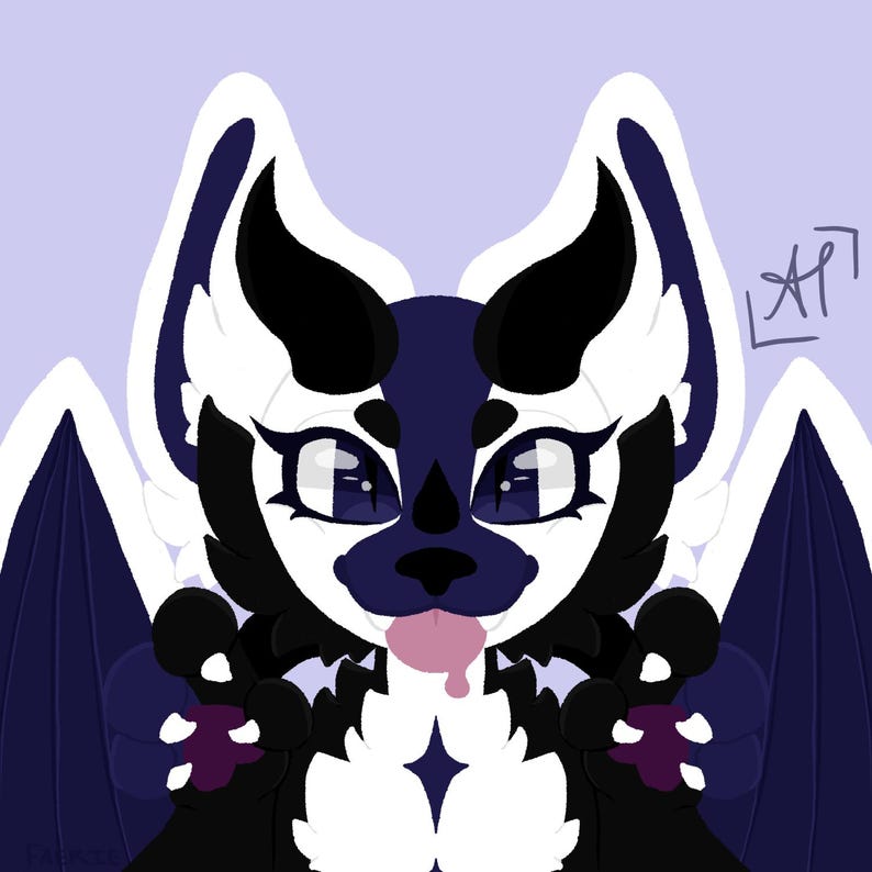 May include: A digital illustration of a cartoon creature with a white and dark blue color scheme. The creature has large eyes, bat-like wings, and a pink tongue sticking out. The background is a light purple.