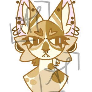 The image shows a highly cartoony sylized calico cat fursona from the shoulders up. Like the other cat she also looks bored with dramatic eyelashes.