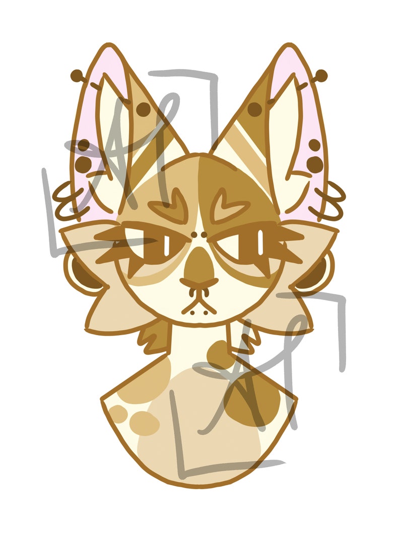 The image shows a highly cartoony sylized calico cat fursona from the shoulders up. Like the other cat she also looks bored with dramatic eyelashes.