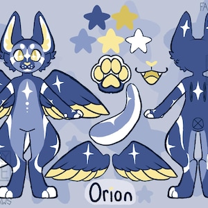 May include: Digital illustration of a blue and white anthropomorphic creature with star-shaped markings and yellow accents. The character has wings, a tail, and a paw print. The name "Orion" is written at the bottom.