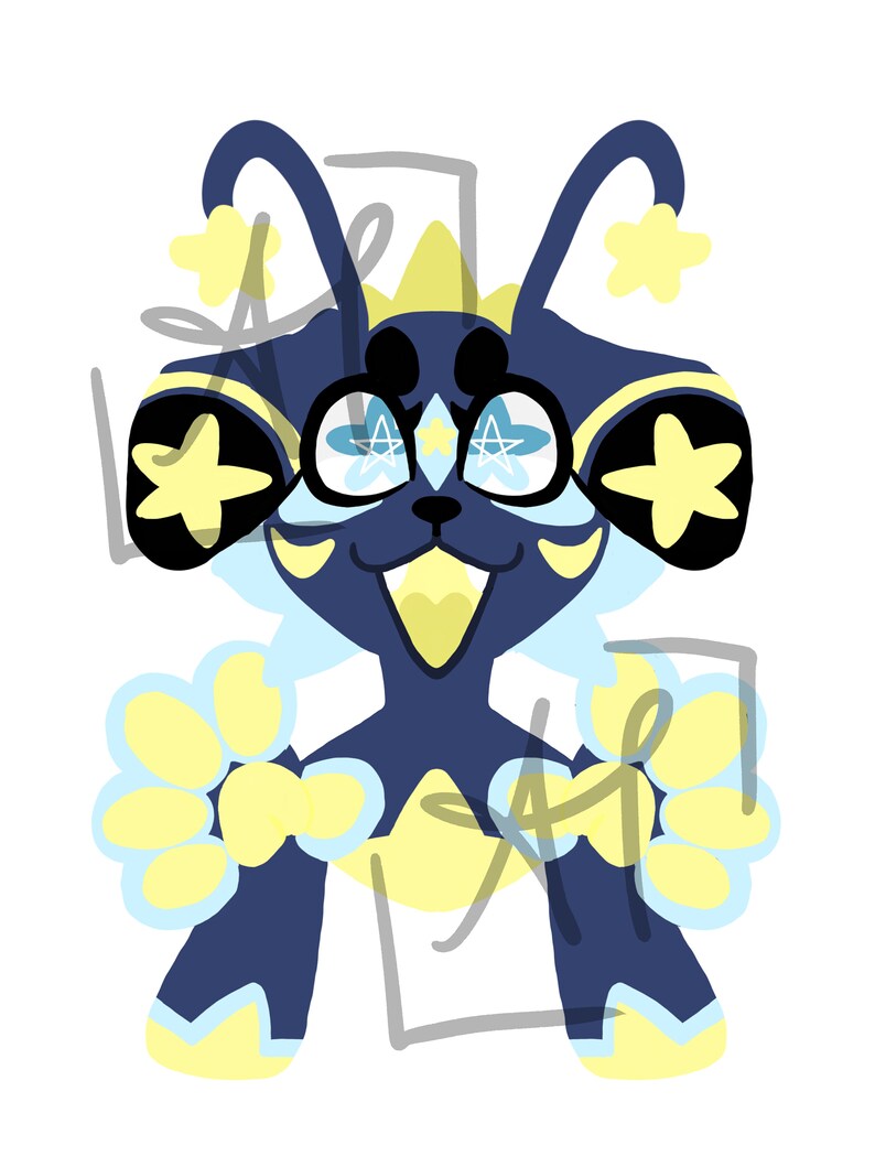 The image shows a highly cartoony sylized dog fursona from the shoulders up who looks very excited. He is holding up his hands and has a big smile. He has a star/space theme in his patterns.