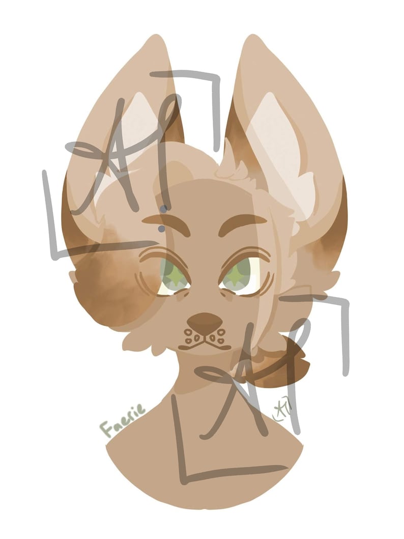 The image shows a highly cartoony sylized wolf fursona from the shoulders up. He looks kind of tires with a slight smile. He has a brown color pallet and hair swoop covering half of its right eye and a small ponytail.