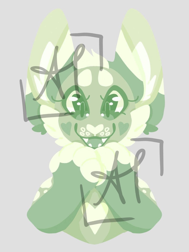 The image shows a highly cartoony sylized dog fursona from the shoulders up that has a peasantly surprised expression, and is holding its paws to its mouth. It is colored in various shades of green.