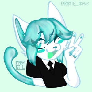 May include: Digital illustration of a white cat-like character with teal hair and accents, wearing a black shirt and tie. The character is giving a peace sign with one hand and winking. The artist's name, "FAIRYBYTE_DRAWS", is in the top right corner and bottom left corner.