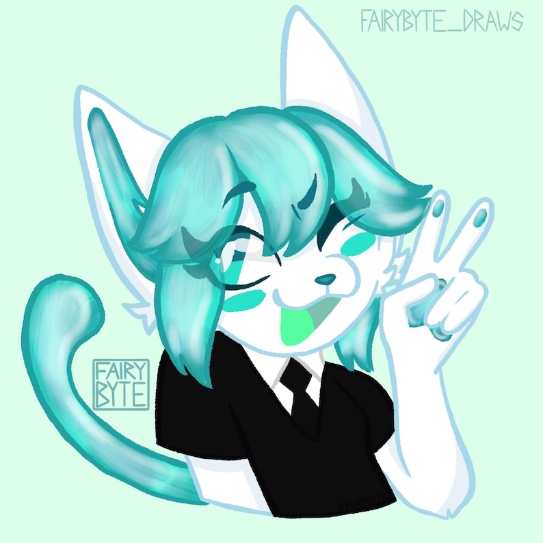 May include: Digital illustration of a white cat-like character with teal hair and accents, wearing a black shirt and tie. The character is giving a peace sign with one hand and winking. The artist's name, "FAIRYBYTE_DRAWS", is in the top right corner and bottom left corner.