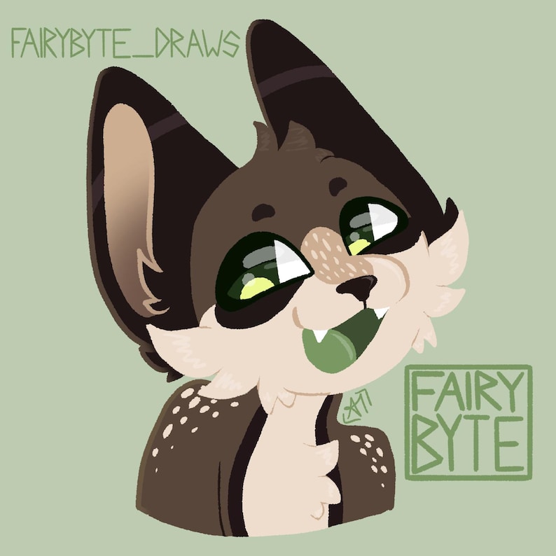 May include: Digital illustration of a cartoon fox-like creature with brown and tan fur, large green eyes, and a green tongue. The image includes the text "FAIRYBYTE_DRAWS" and "FAIRY BYTE" in a green font.