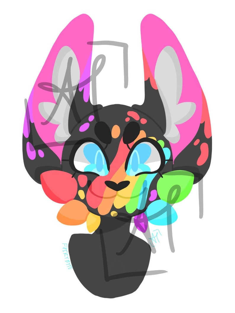 The image shows a highly cartoony sylized cat fursonas head that is grey with rainbow paint spatter patterns on it. She has a big smile on her face and looks excited.