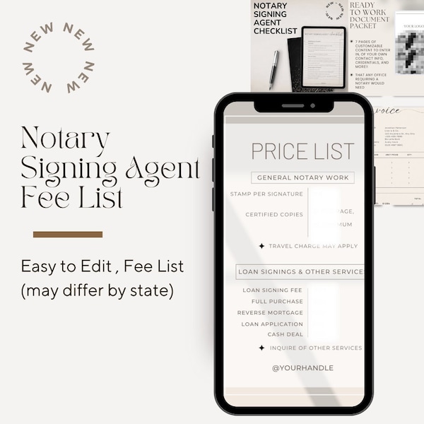 Notary Fee List, Loan Signing Agent Fee List, Customizable Notary Fees, Fees List Template, PDF Notary Template