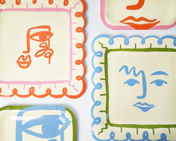 Chic Modern Art Party Plates, Colorful Abstract Face Paper Plates Pack of 12, Disposable Birthday Party Plates for Art Party Supplies
