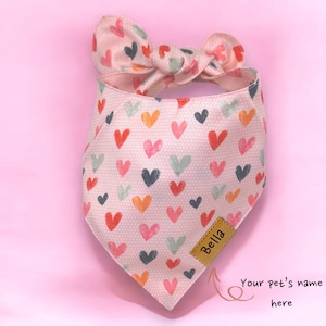 May include: Pink dog bandana with a pattern of colorful hearts. The bandana has a brown label with the name "Bella" on it. The bandana is tied in a bow at the top.