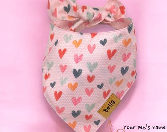 Personalized Dog Bandana, Pink Heart, Silky Fabric, Custom Name Engraving, Dog Mom Gift, Cute Dog Accessories, Reversible, Tie On Bandana