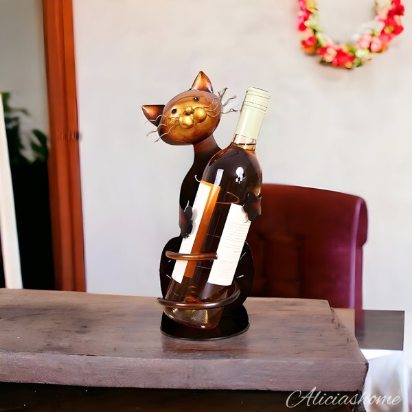 Hand made, Luxury Wine Bottle Holder, Tabletop Decor Wine Rack, Cat Figurine Wine Bottle antique collectable, Mothers day gift, home decor.