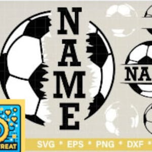 Peut inclure: Design de ballon de football noir et blanc avec le mot "NAME" coupé en deux et placé de chaque côté du ballon. Le design est parfait pour créer des objets artisanaux personnalisés sur le thème du football.