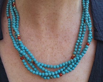 Vintage Multi-strand Turquoise, Carnelian, and 14k gold beads