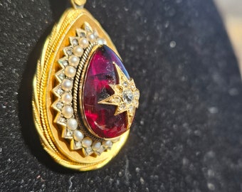 Antique Victorian Carbuncle Garnet set with rose cut diamond star and seed pearl detailing