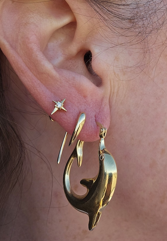 14k yellow gold adorable dolphin hoops