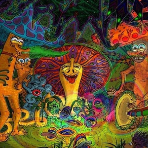 Cartel psicodélico francés Decoración de setas mágicas Arte trippy Arte de pared psicodélico Adorno único