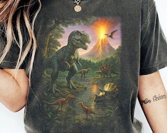 Jurassic Dinosaur Vintage jaren 90 comfort kleuren T-shirt, T-Rex & Triceratops-shirt, prehistorisch grafisch T-shirt, Dino-top