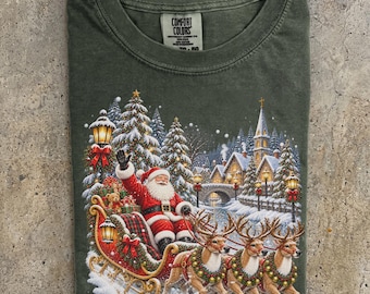Santa Sleigh Christmas Shirt, Vintage Santa Claus Reindeer Tee, Snowy Christmas Village Shirt, Old Fashioned Holiday T-Shirt
