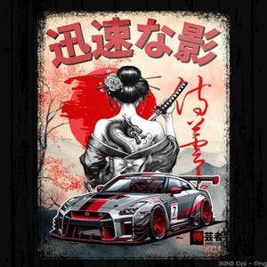 May include: Graphic design featuring a silver and red sports car with the number 7. Above the car is a geisha with a dragon tattoo, holding a katana, with Japanese text and a red sun in the background.