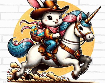 Conejito de Pascua para niños PNG, Clipart de conejito para niños pequeños, Diseños de Pascua, PNG de sublimación para niños, Arte de conejito lindo, Conejita vaquera sobre unicornio PNG