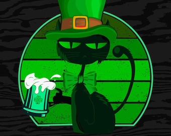 Funny St. Patrick's Day Beer Drinking Leprechaun Cat Png, St Patricks Beer Lover Png, St Paddys Day Cat Over Png, Retro Leprechaun Png