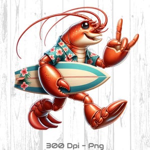 Funny Lobster on Surfboard Digital PNG, Funny kids beach png, Cute summer clipart, digital download, Funny beach designs, Funny Surfing Png