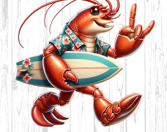 Surfing Lobster PNG, Funny Kids Summer Beach Clipart (Digital Download)