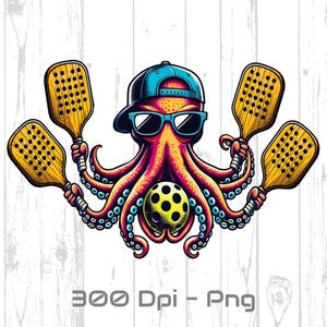 May include: A colorful illustration of an octopus wearing sunglasses and a backward baseball cap, holding four pickleball paddles. A pickleball is held in the center. The image has the text "300 Dpi - Png" at the bottom.