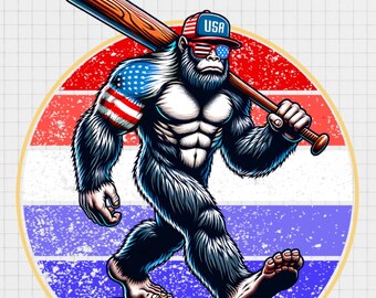 Big Foot Baseball Player PNG, USA Patriotic Design (Digital Download)