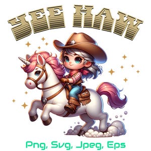 May include: A cartoon illustration of a cowgirl riding a pink and white unicorn. The cowgirl is wearing a brown cowboy hat with a star, a red bandana, and a blue denim shirt. The unicorn has a pink mane and tail. The background is white with gold stars. The text "Yee Haw" is written in gold letters at the top of the image.