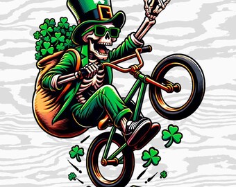 Les garçons drôle St Patricks Day Png, squelette sur BMX Svg, BMX lutin, art trèfle porte-bonheur, téléchargement par sublimation, clipart numérique lutin