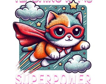 Puede incluir: Un gato de dibujos animados con una capa roja y una máscara roja vuela por el aire con un rastro de arcoíris detrás. El texto "TEACHING IS MY SUPERPOWER" está por encima del gato y el texto "Png, Svg, Jpeg, Eps" está por debajo del gato.