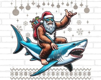 Papá Noel montando un tiburón PNG navideño, clip art de Pie Grande (descarga digital)