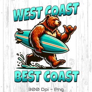 Funny Bear with Surfboard Digital PNG, Funny kids beach png, Cute summer clipart, digital download, Funny beach designs, Kids art for crafts
