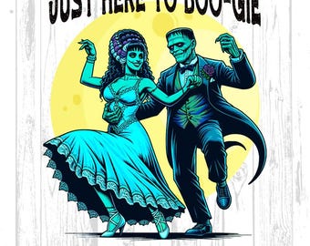 Frankenstein Dancing with Bride, Retro Halloween PNG SVG (Digital Download)