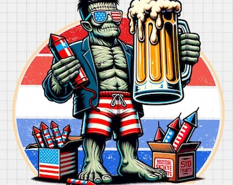 Design patriottico di Frankenstein per il 4 luglio: divertente immagine PNG/JPEG per gli amanti della birra (download digitale)