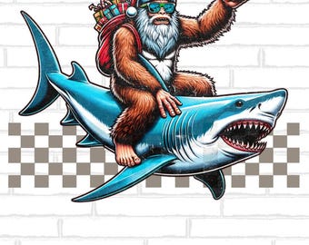 Imagen PNG de Pie Grande montando un tiburón navideño, clipart de Sasquatch (descarga digital)