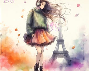 Parisian Girl Clipart Bundle | 14 Watercolor Fashion PNGs for Junk Journals, Scrapbooking, Stickers & Commercial Use