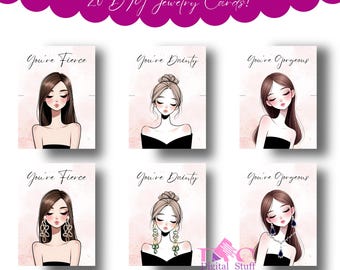 Editable Jewelry Display Card Canva Template, Dainty Illustrated Girl, Earring & Necklace Card, Printable Small Business, Affirmation Card