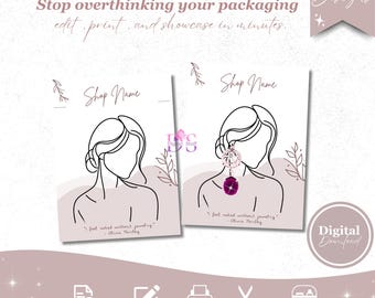 30 Editable Jewelry Display Card, Earring Holder, Earring Tag, Necklace Card, Custom Jewelry Card, Girl Line Art, Pink Canva Template w Logo