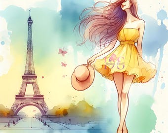 Parisian Girl Summer Clipart Collection | 25 Watercolor Fashion PNGs | Digital Download for Junk Journals, Scrapbooking, Stickers & Crafts