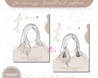 Ready To Print Line Art  Woman, Jewelry Display Card, Set of 30 Canva Template, Earring Tag, Bracelet Gift Card, DIY Necklace Packaging