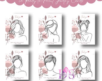 Ready To Print Line Art  Woman Jewelry Display Card, Set of 30 Canva Template, Earring Tag, Bracelet Card, Necklace Packaging Tag